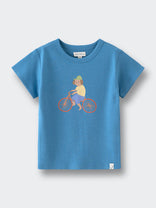 Blue t-shirt with illustrated child riding a bicycle graphic on front feature print Short Sleeve Tee - Milo Biking Boys