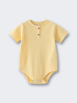 Yellow ribbed baby bodysuit with button placket laid flat Henley Short Sleeve Bodysuit - Sun Soaked Baby girl