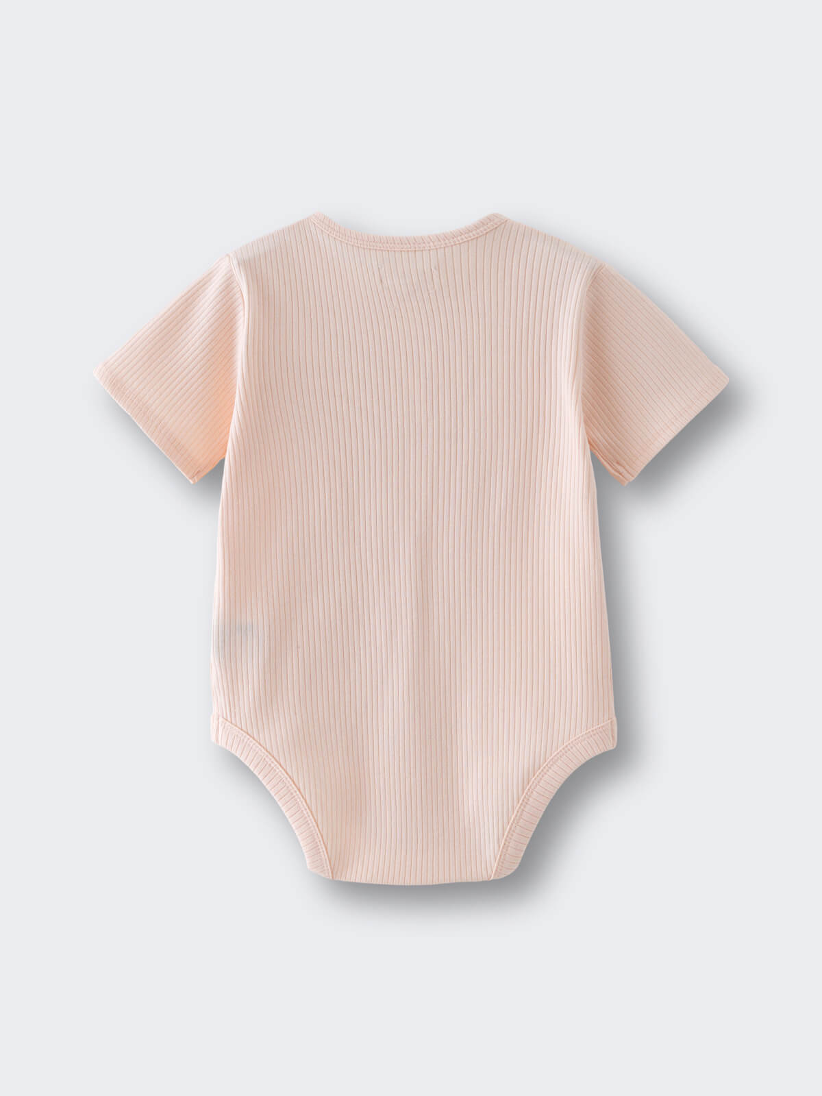 Ribbed pink baby bodysuit with short sleeves laid flat on light background Henley Short Sleeve Bodysuit Shell Pink Baby girl