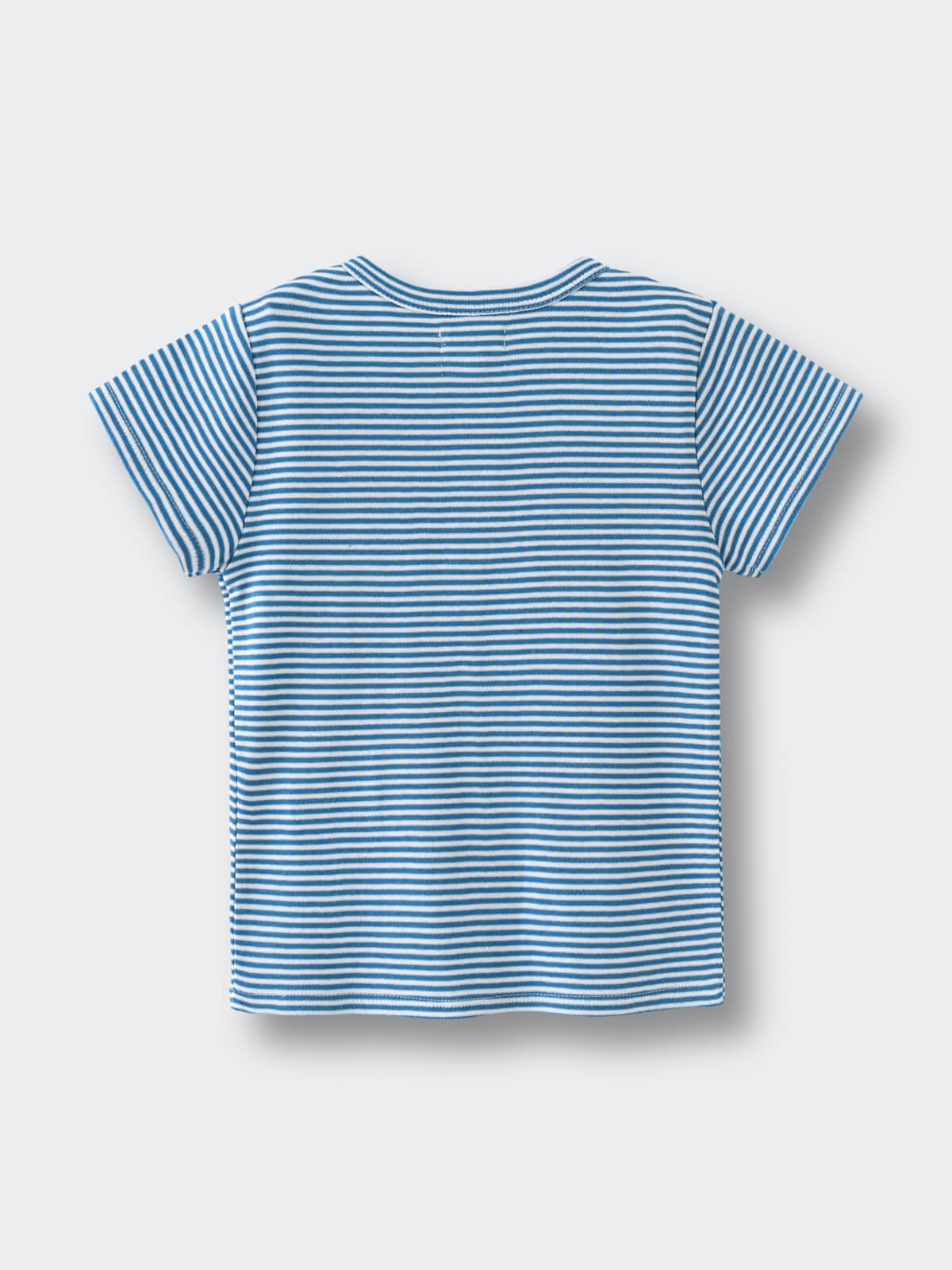 Blue and white striped short-sleeve t-shirt laid flat on gray surface Henley Tee - Blue Stripe Boys