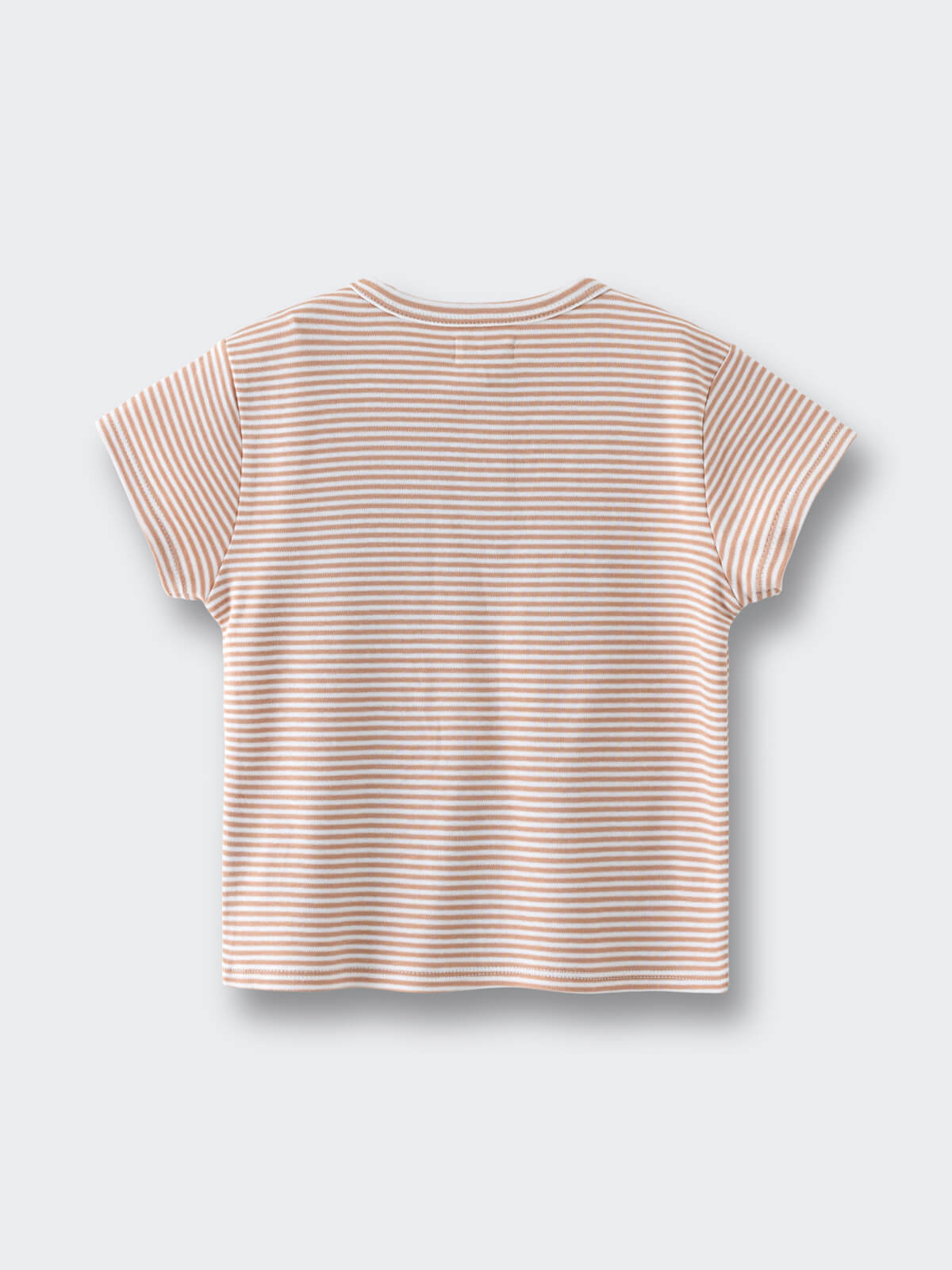Striped short-sleeve shirt laid flat on a light gray background Henley Tee - Sand Stripe Boys