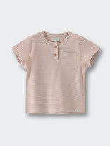 Striped short-sleeve shirt with chest pocket and button placket on gray background Henley Tee - Sand Stripe Boys