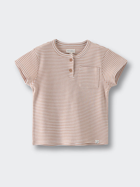 Striped short-sleeve shirt with chest pocket and button placket on gray background Henley Tee - Sand Stripe Boys
