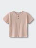 Striped henley t-shirt with two buttons laid flat on white background Henley Tee - Sand Stripe Baby boy