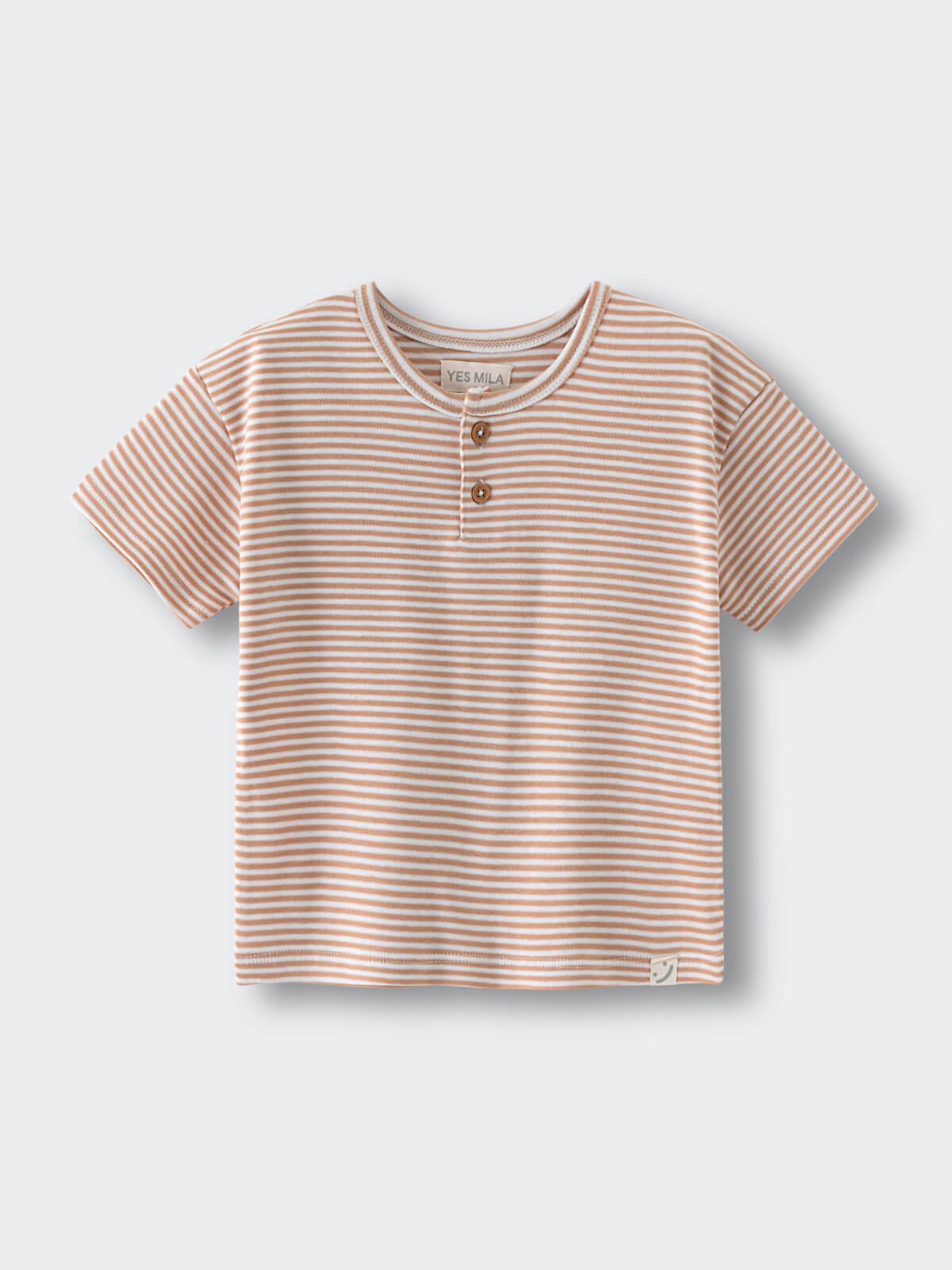 Striped henley t-shirt with two buttons laid flat on white background Henley Tee - Sand Stripe Baby boy