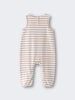 Baby romper in beige and white horizontal stripes laid flat on gray surface Jersey Romper - Sand Stripe Baby boy