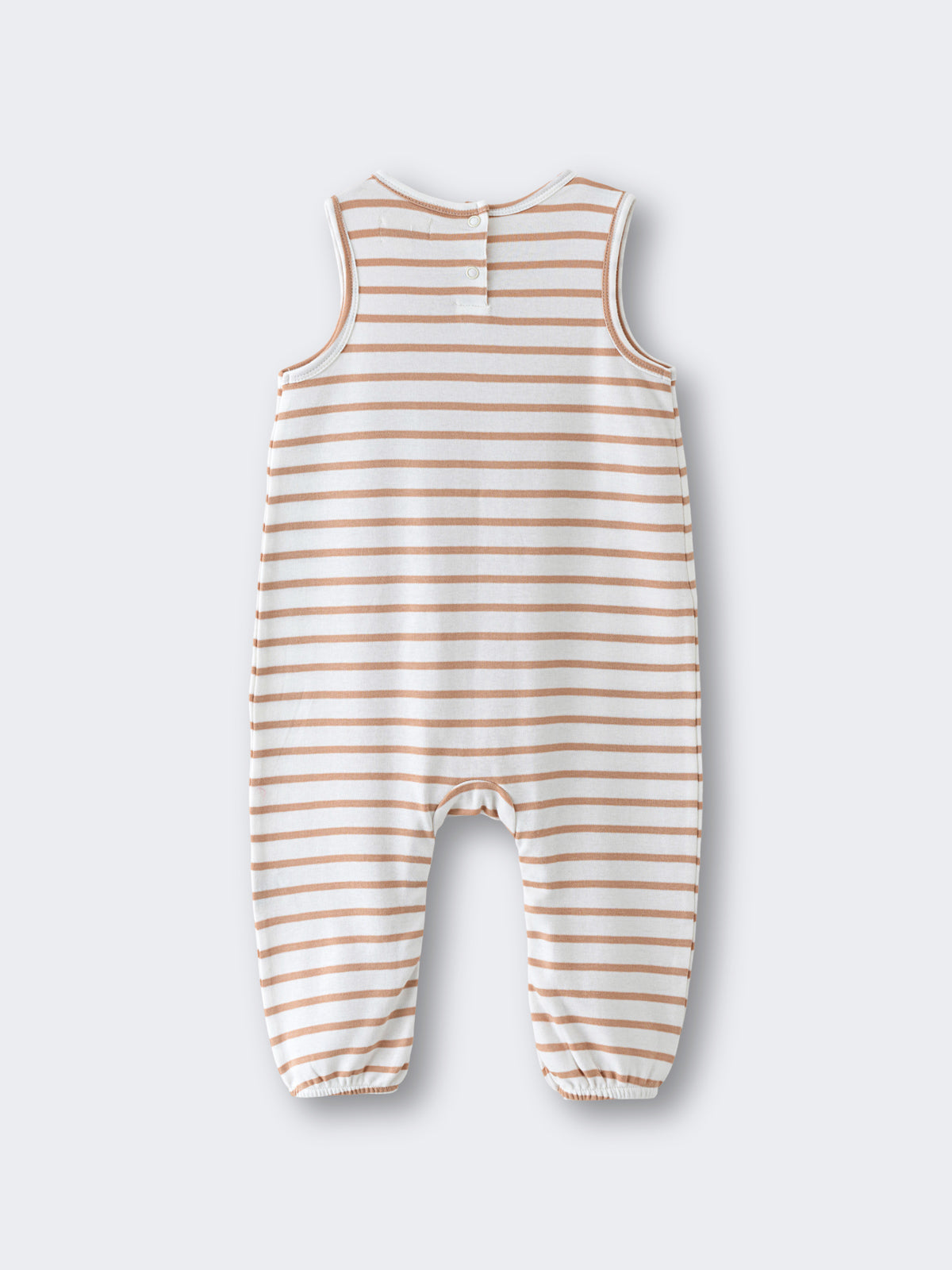Baby romper in beige and white horizontal stripes laid flat on gray surface Jersey Romper - Sand Stripe Baby boy