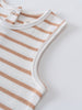 Close-up of a striped baby romper with snap closure at shoulder jersey Romper - Sand Stripe Baby boy