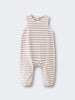 Sleeveless striped romper with elastic cuffs laid flat on white background jersey Romper - Sand Stripe Baby boy