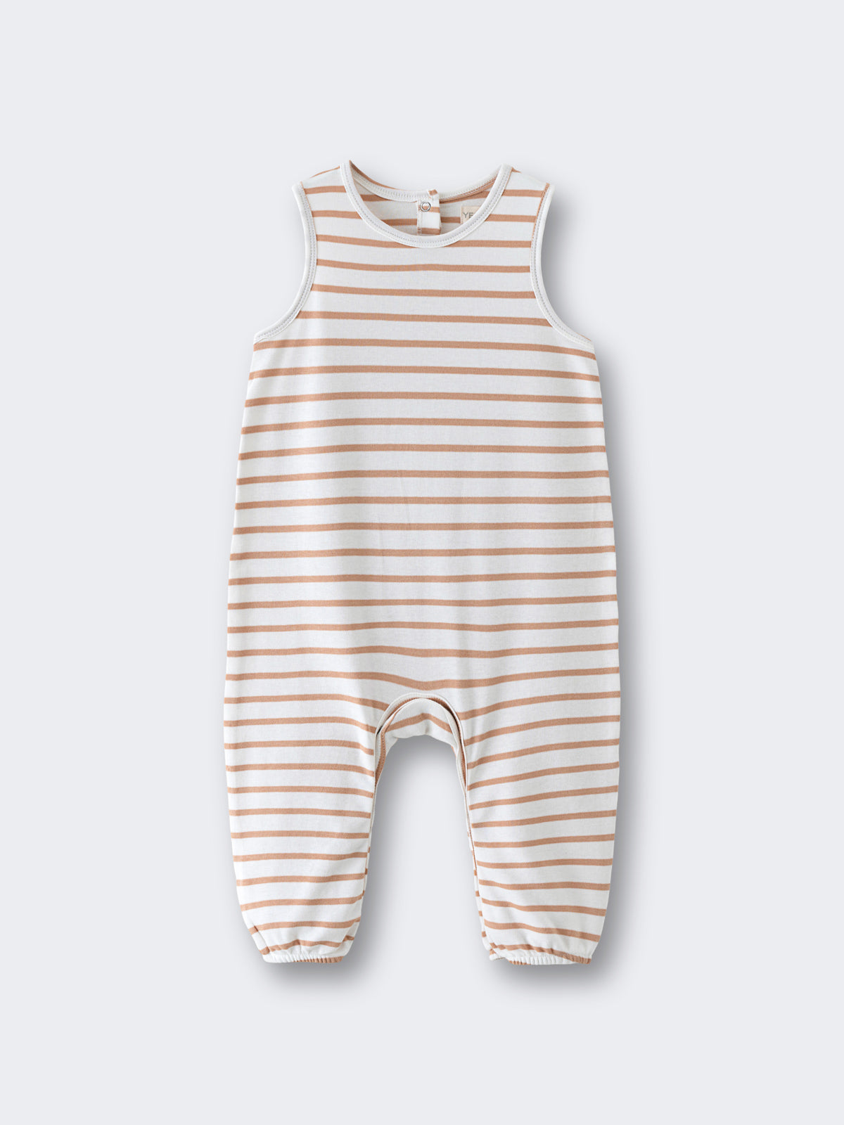 Sleeveless striped romper with elastic cuffs laid flat on white background jersey Romper - Sand Stripe Baby boy