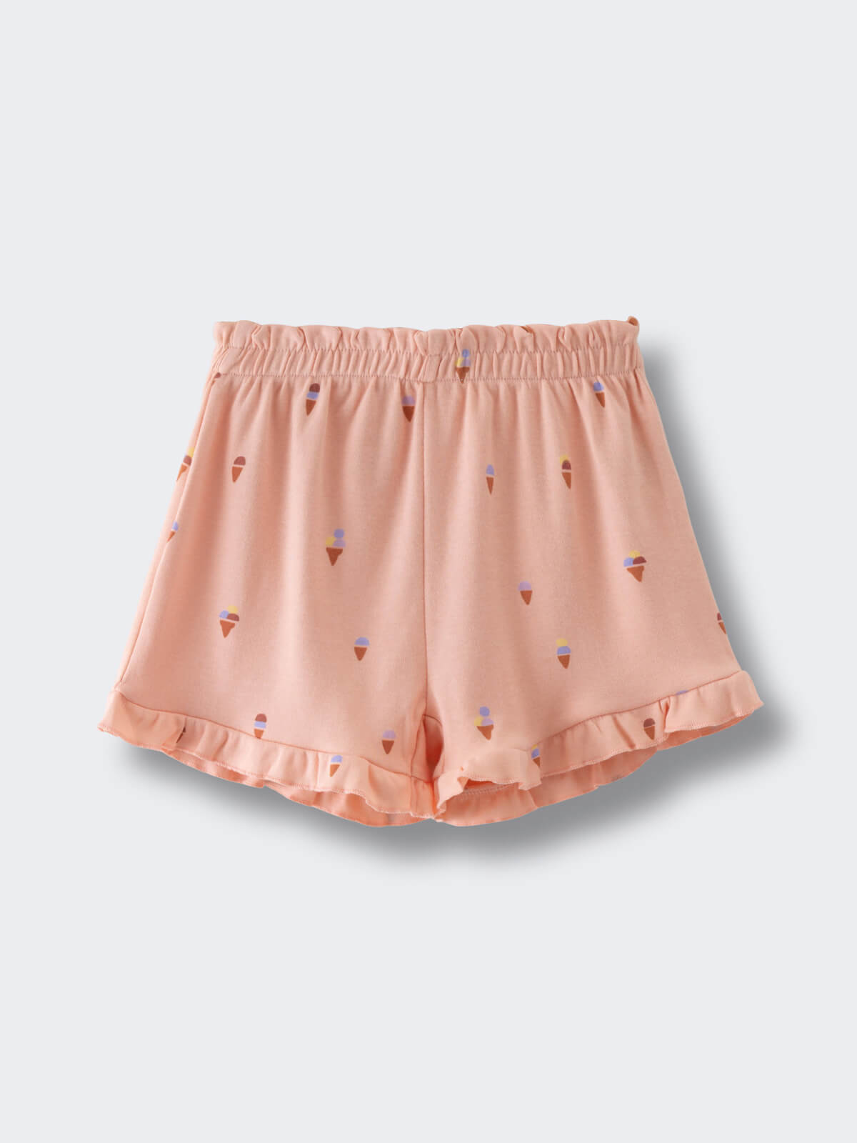 Peach colored shorts with ice cream print and ruffled hem Jersey Shorts - Ice Creams Girls
