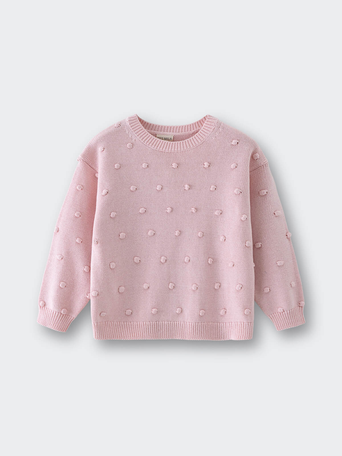 Pink knitted sweater with raised dot texture displayed flat on a light background Knit Jumper - Candy Floss Girls