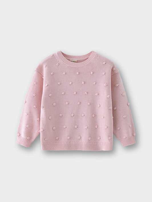 Pink knitted sweater with raised dot texture displayed flat on a light background Knit Jumper - Candy Floss Girls