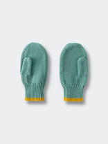 Pair of teal mittens with yellow accents on a light gray background Knit Mittens - Balsam Boys