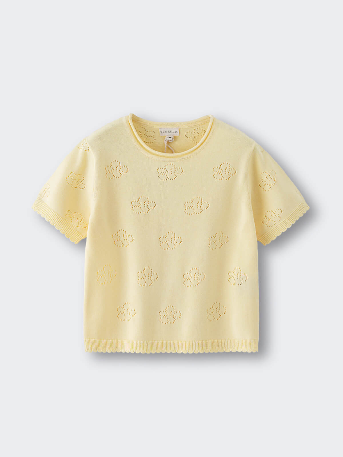 Pale yellow knit tee with eyelet floral pattern throughout Knit Tee - Sun Soaked Girls