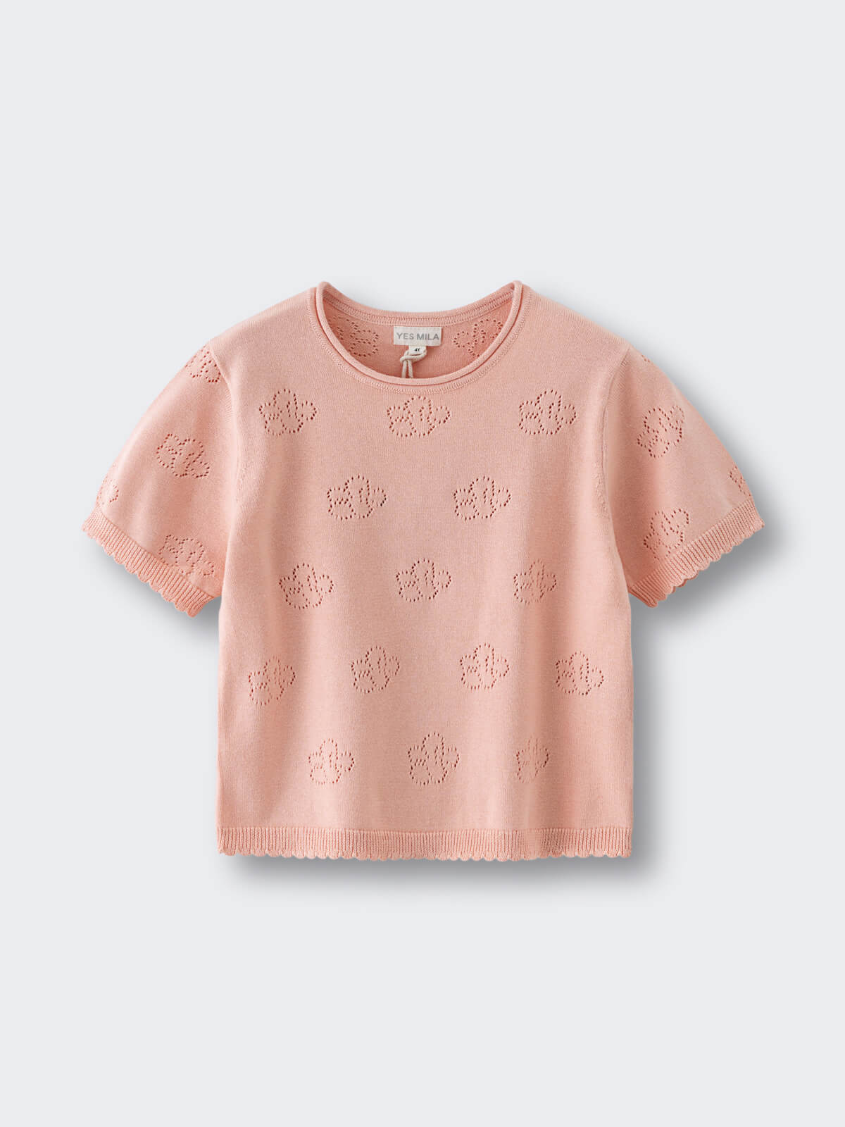 Pink knit short-sleeve top with perforated floral pattern throughout Knit Tee - Toasted Peach Girls