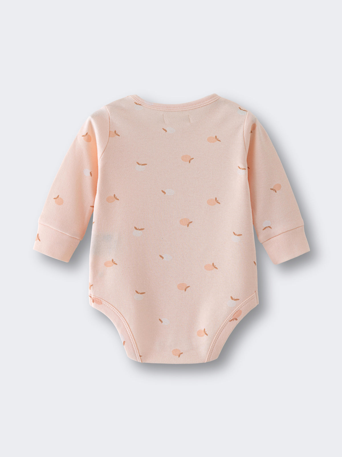 Pale pink baby bodysuit with small apple print pattern laid flat Long Sleeve Bodysuit - Apples Baby girl