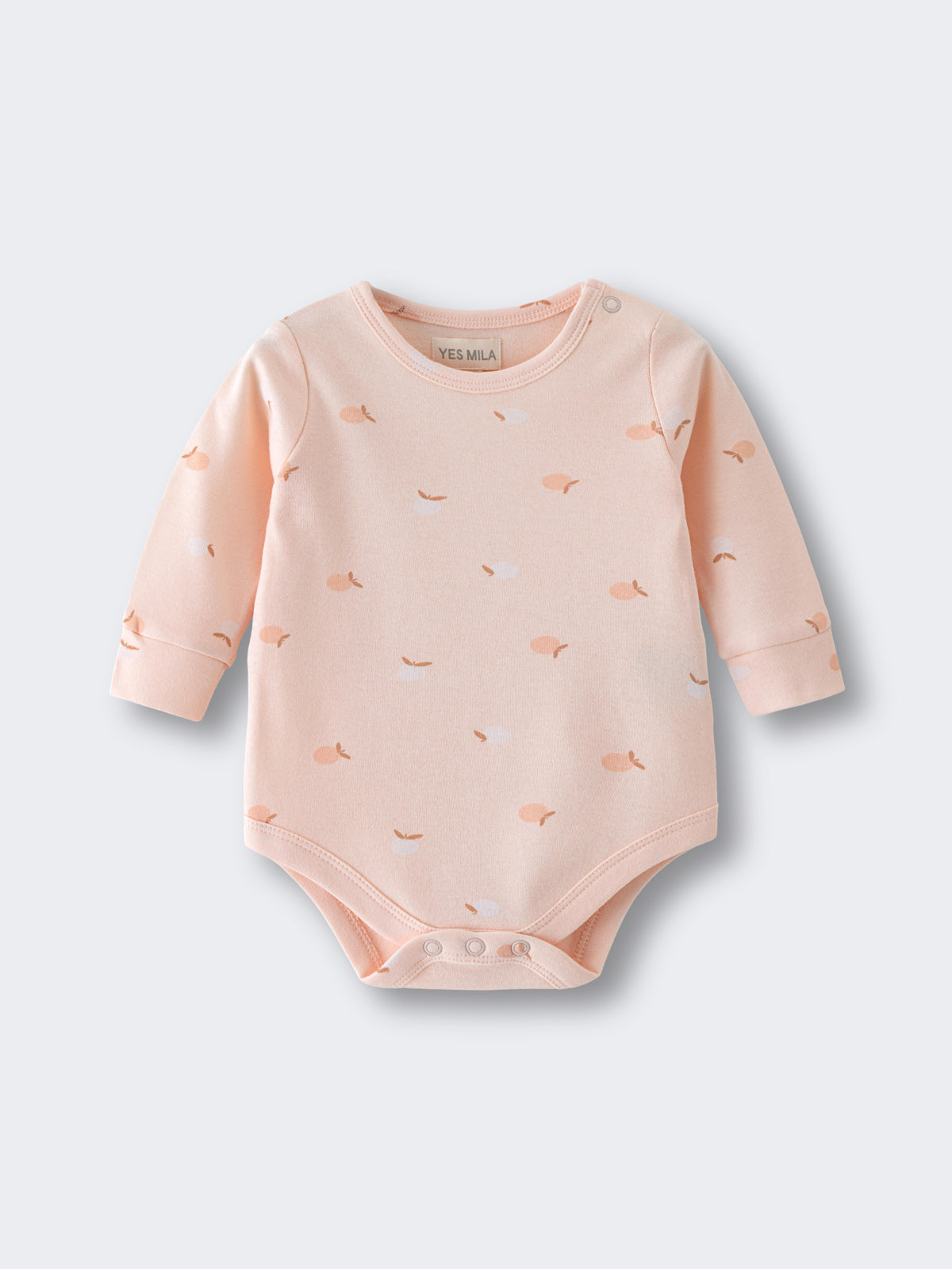 Peach-colored baby bodysuit with small apple print pattern and snap closures Long Sleeve Bodysuit - Apples Baby girl