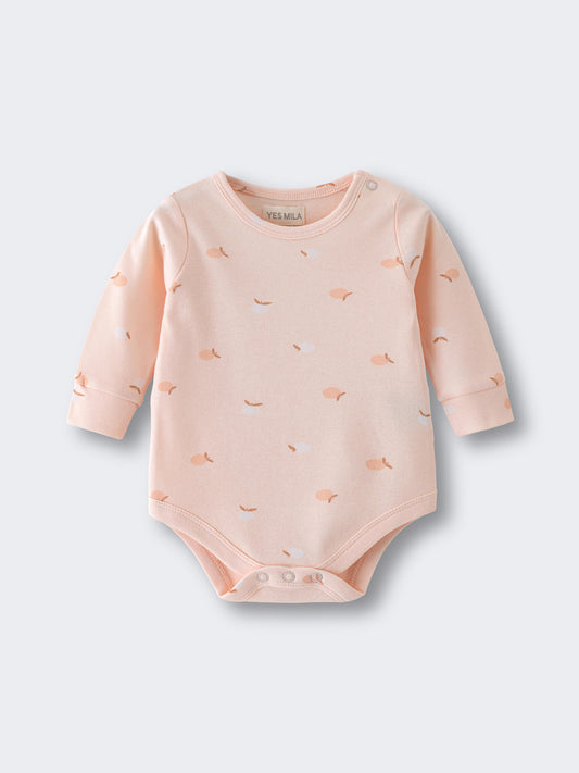 Peach-colored baby bodysuit with small apple print pattern and snap closures Long Sleeve Bodysuit - Apples Baby girl