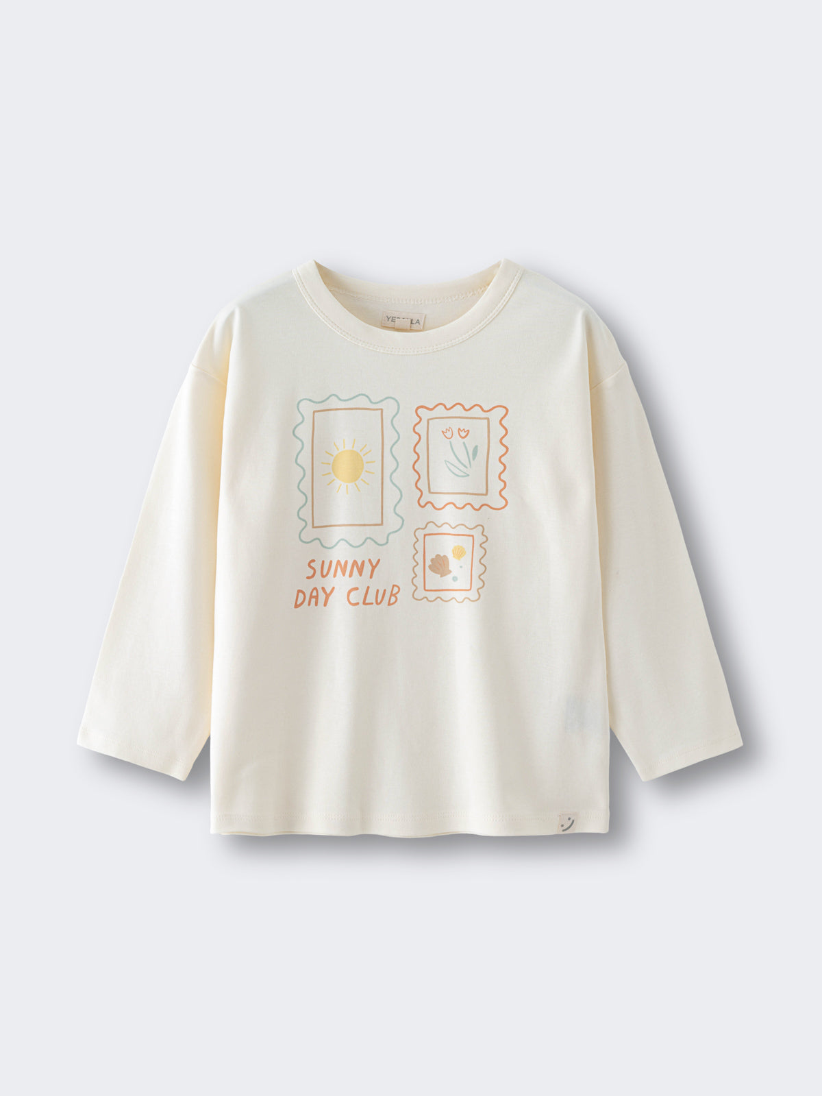 Cream long sleeve shirt with sun and flower stamp graphics on front Long Sleeve Tee - Sunny Club Day Girls