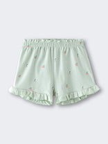 Light green shorts with small apple print and ruffled hem detail Madison Shorts - Summer Fruits Girls