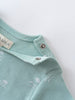 Close-up of a mint green baby bodysuit with snap buttons and label Matt Short Sleeve Bodysuit - Summer Time Baby boy