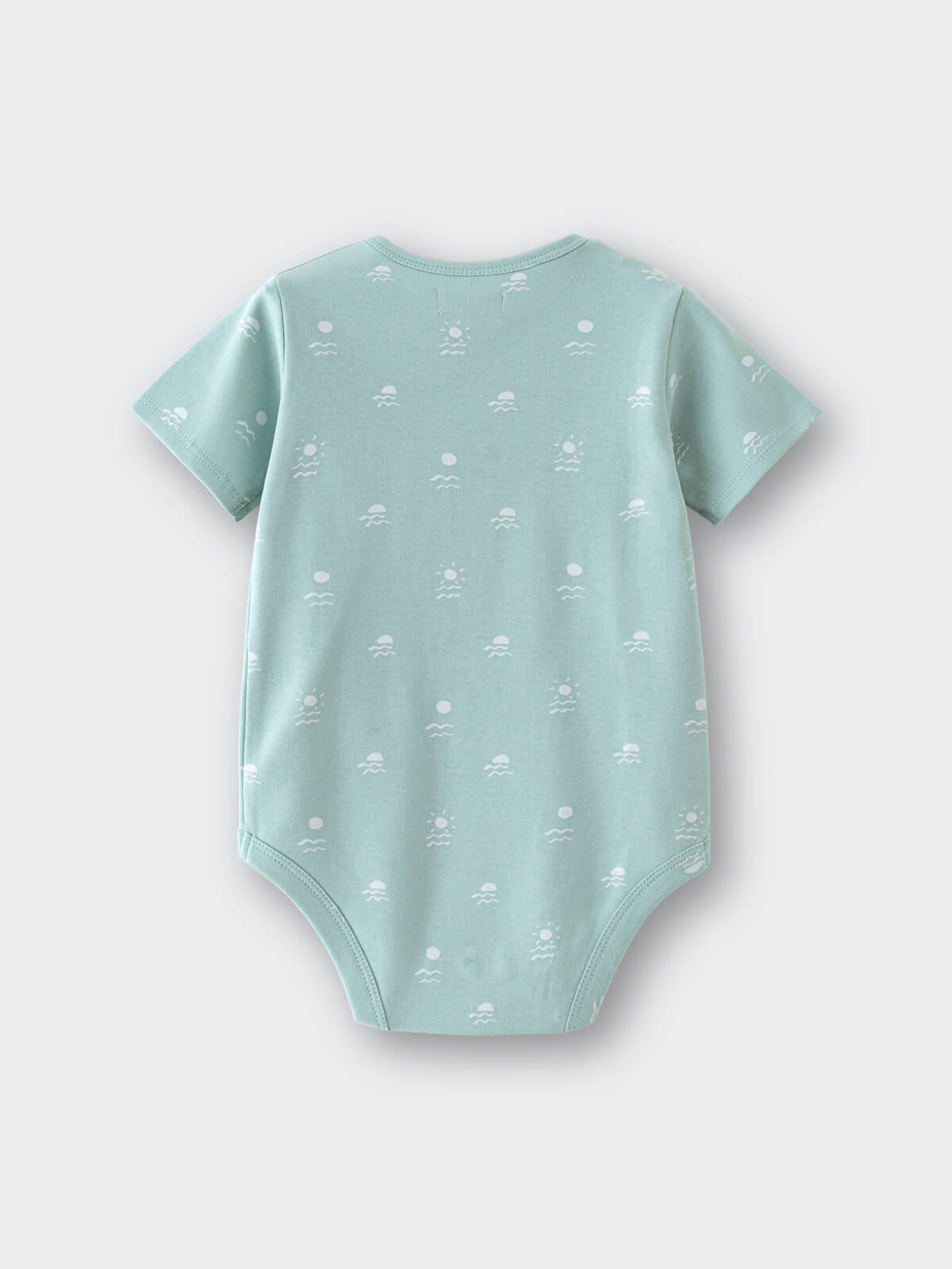 Light blue baby bodysuit with sun and wave pattern laid flat Matt Short Sleeve Bodysuit - Summer Time Baby boy