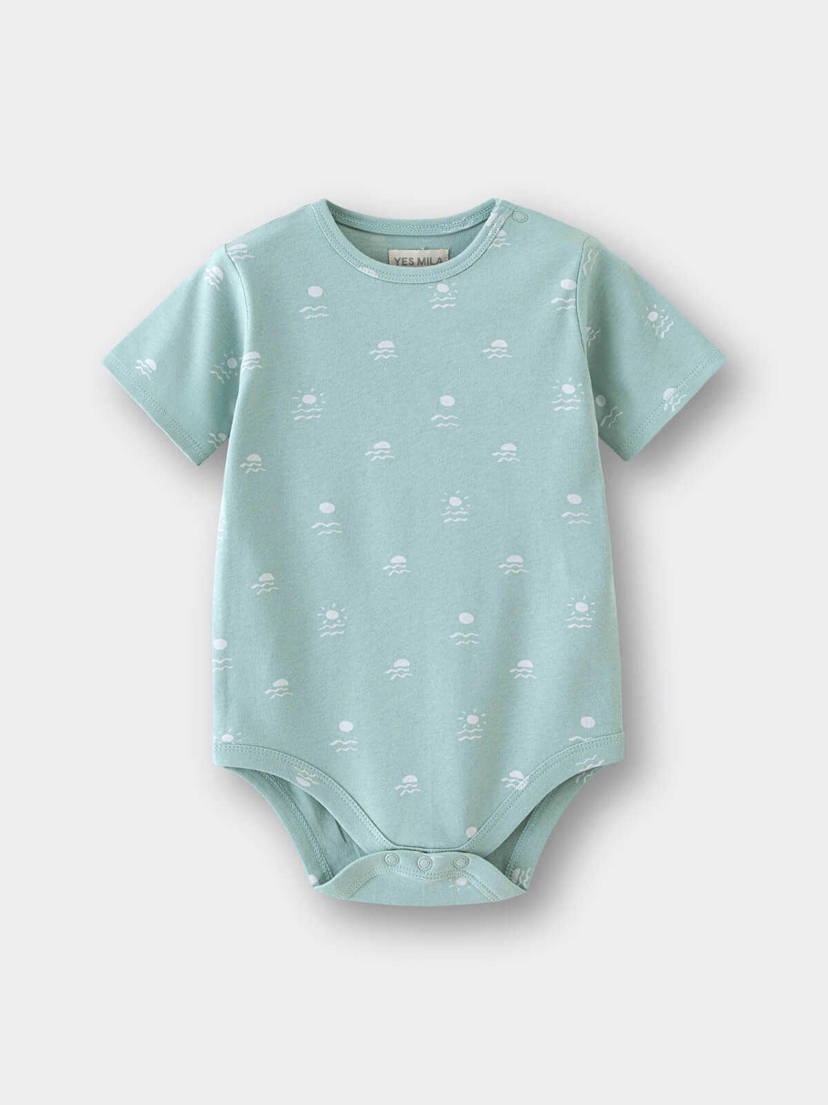 Light blue baby bodysuit with white sun and wave pattern print Matt Short Sleeve Bodysuit - Summer Time Baby boy
