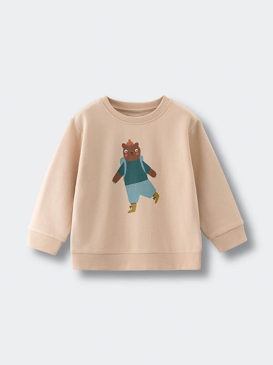 Beige sweatshirt with illustrated bear wearing teal sweater and blue shorts Feature Print Sweatshirt - Hiking Bear Baby boy