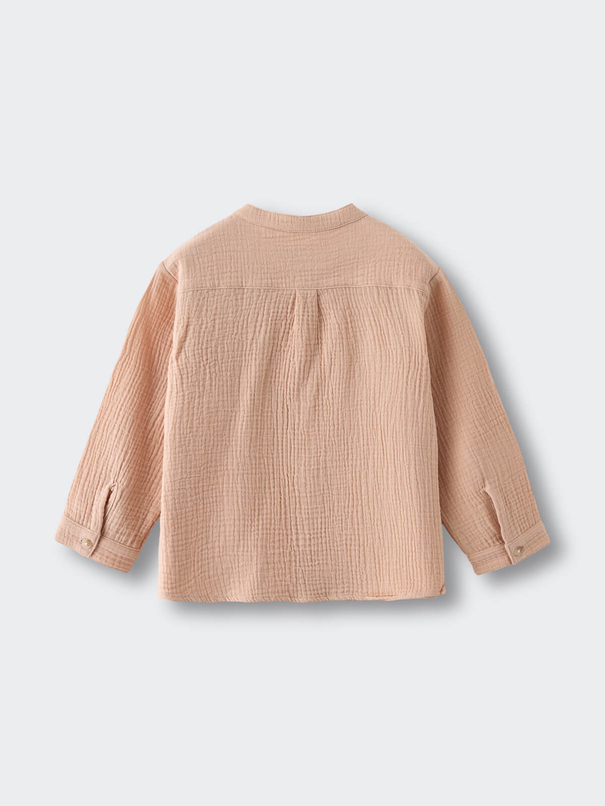 Back view of a beige textured long sleeve shirt laid flat Muslin Long Sleeve Shirt - Sand Boys