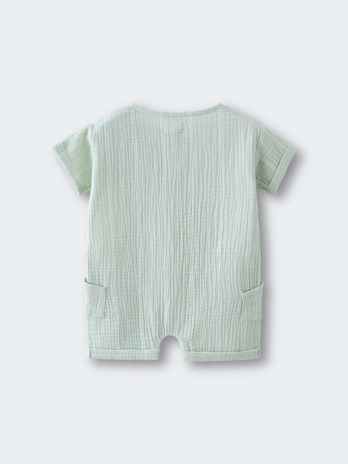 Baby romper in light green textured fabric with short sleeves and pockets Muslin Romper - Light Green Stripe Baby boy