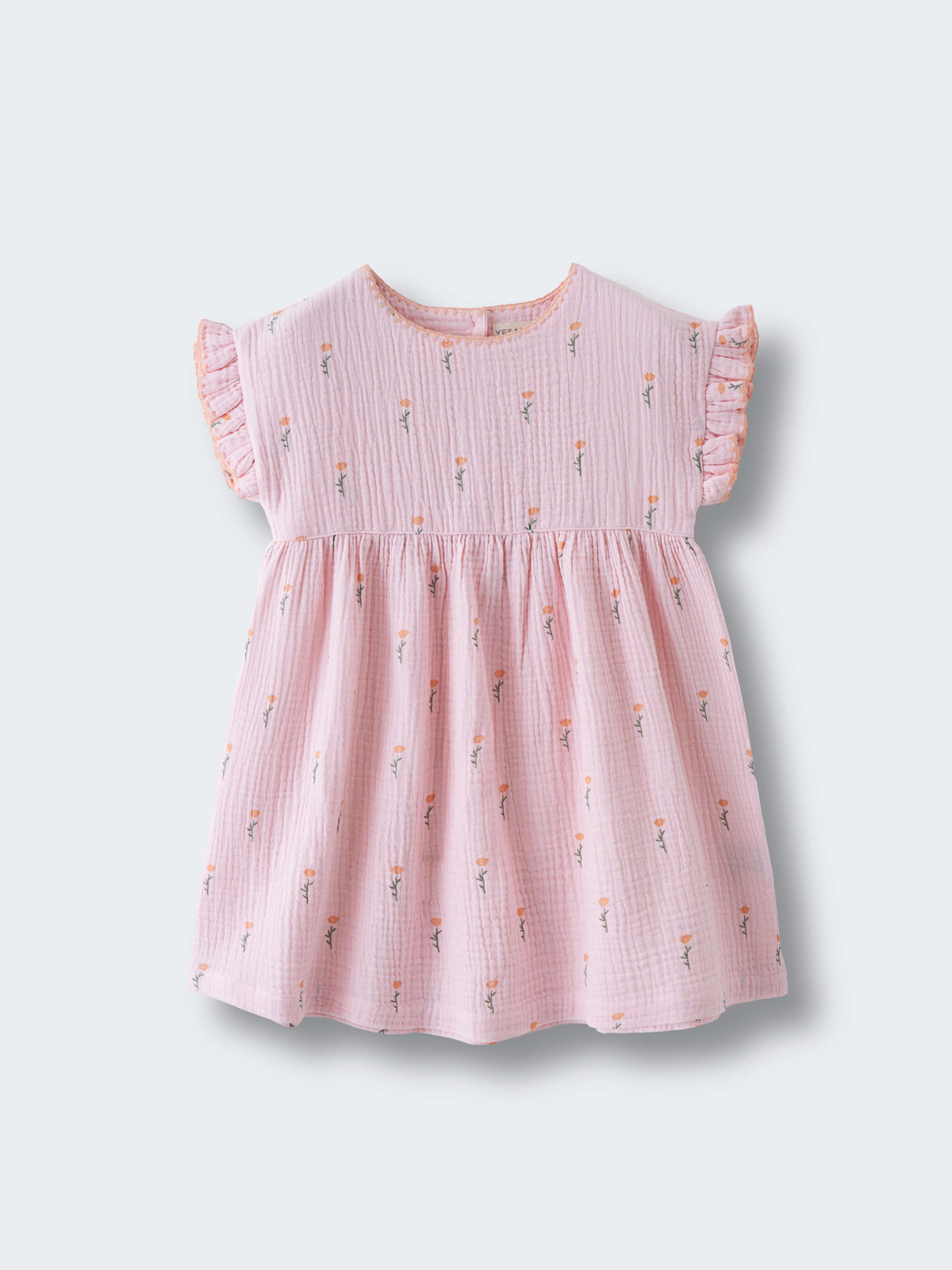 Pink dress with ruffled sleeves on a light gray background Muslin Dress - Poppy Field Girls
