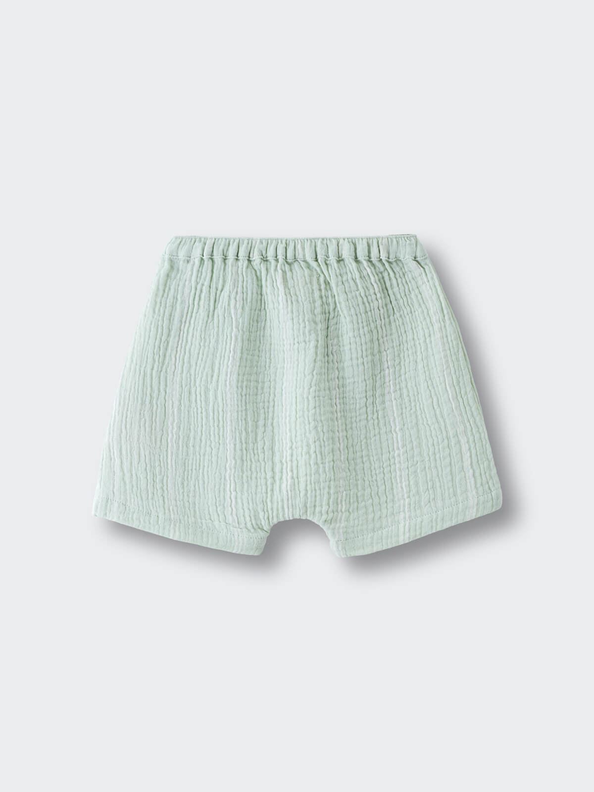 Light green textured baby shorts with elastic waistband laid flat muslin Shorts - Light Green Stripe Baby boy