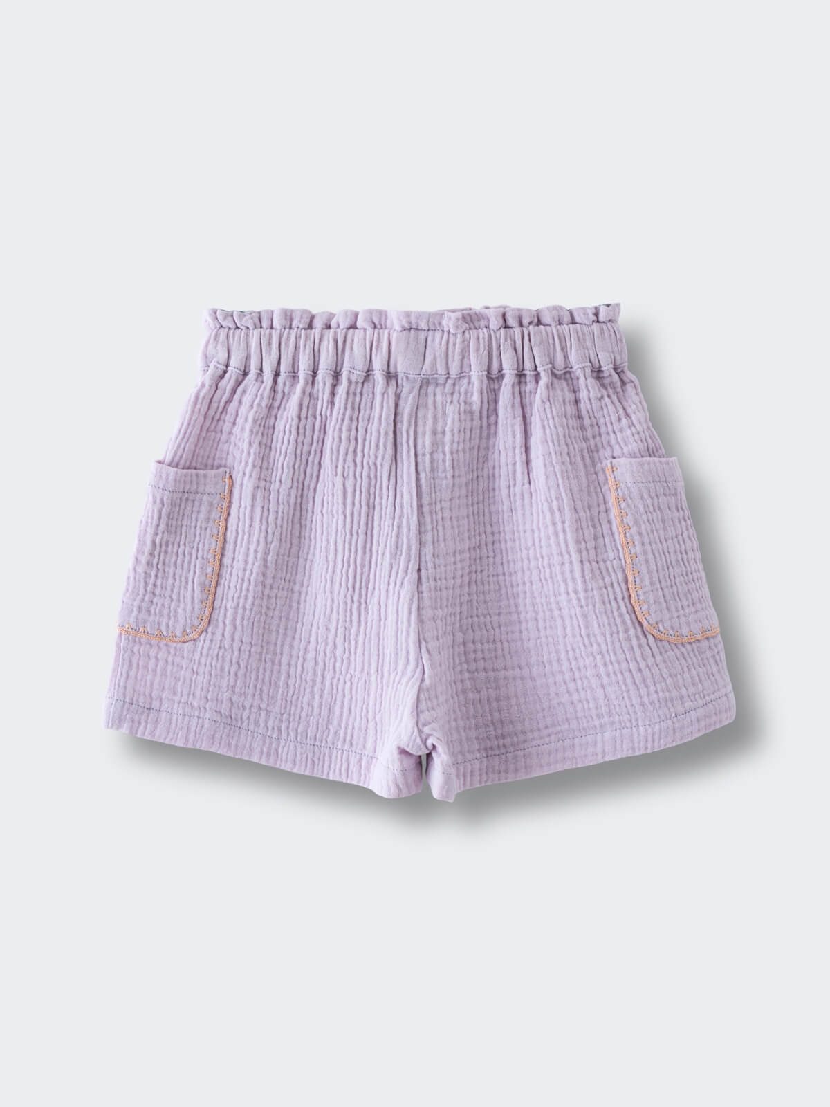 Lavender textured cotton shorts with elastic waistband and contrast stitching on pockets Muslin Shorts - Lilac Girls