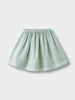 Light green striped skirt with white wavy trim and gathered waistband Muslin Skirt - Light Green Stripe Girls
