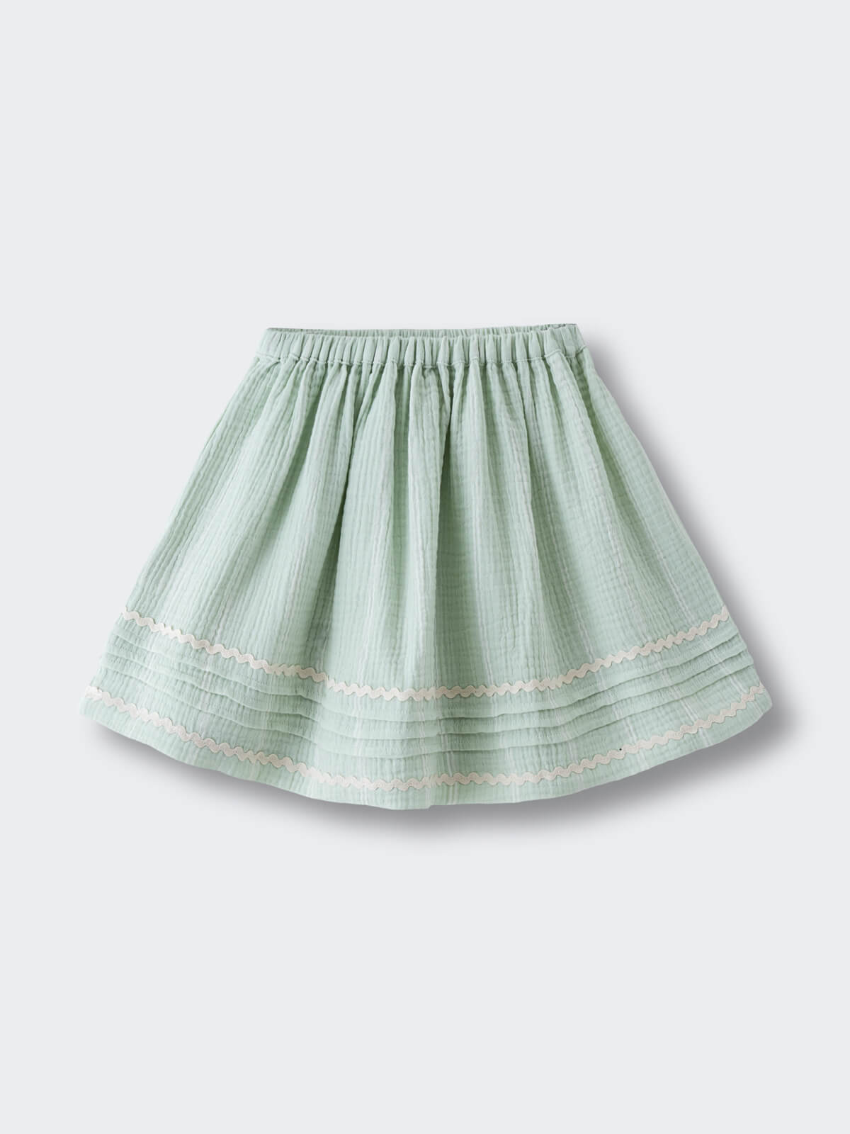 Light green striped skirt with white wavy trim and gathered waistband Muslin Skirt - Light Green Stripe Girls