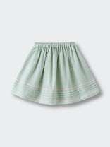 Light green striped skirt with white wavy trim and gathered waistband Muslin Skirt - Light Green Stripe Girls