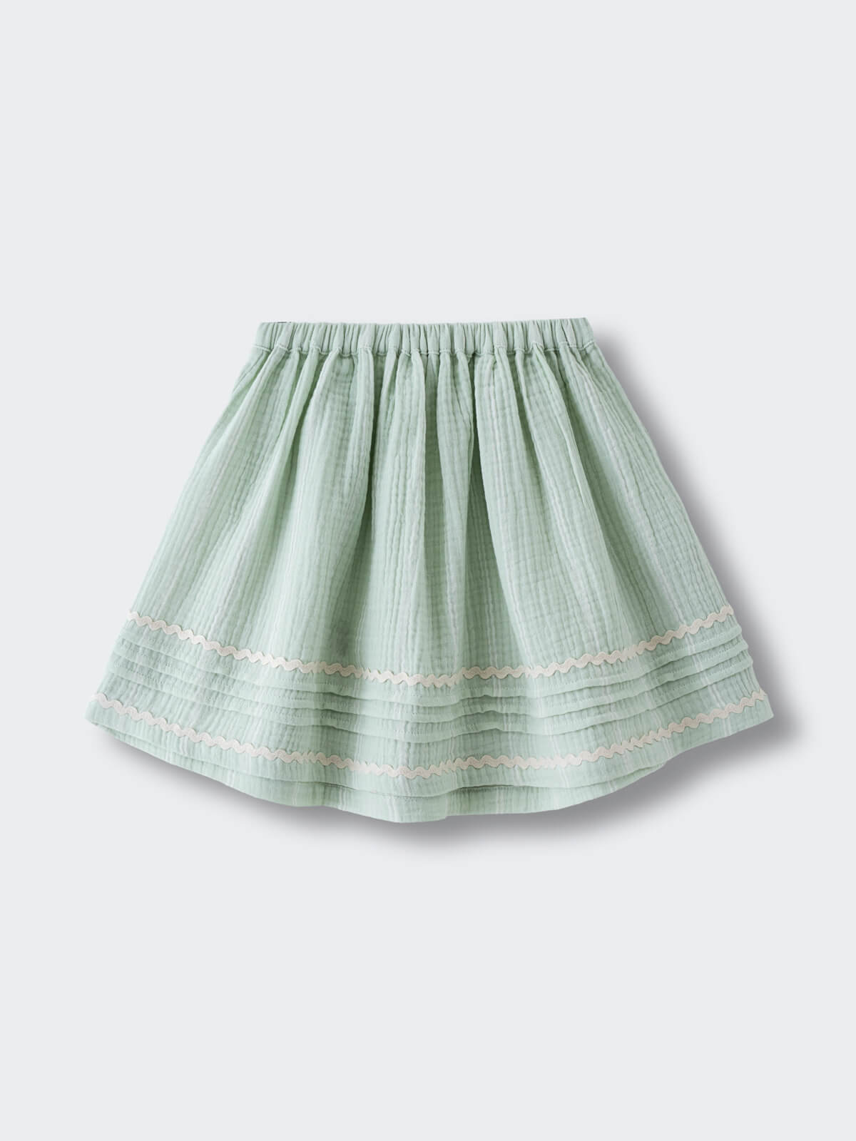 Light green striped skirt with elastic waistband and tiered ruffle hem detail Muslin Skirt - Light Green Stripe Girls