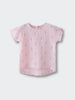 Pink textured shirt with small floral print laid flat on white background Muslin Top - Poppy Field Girls