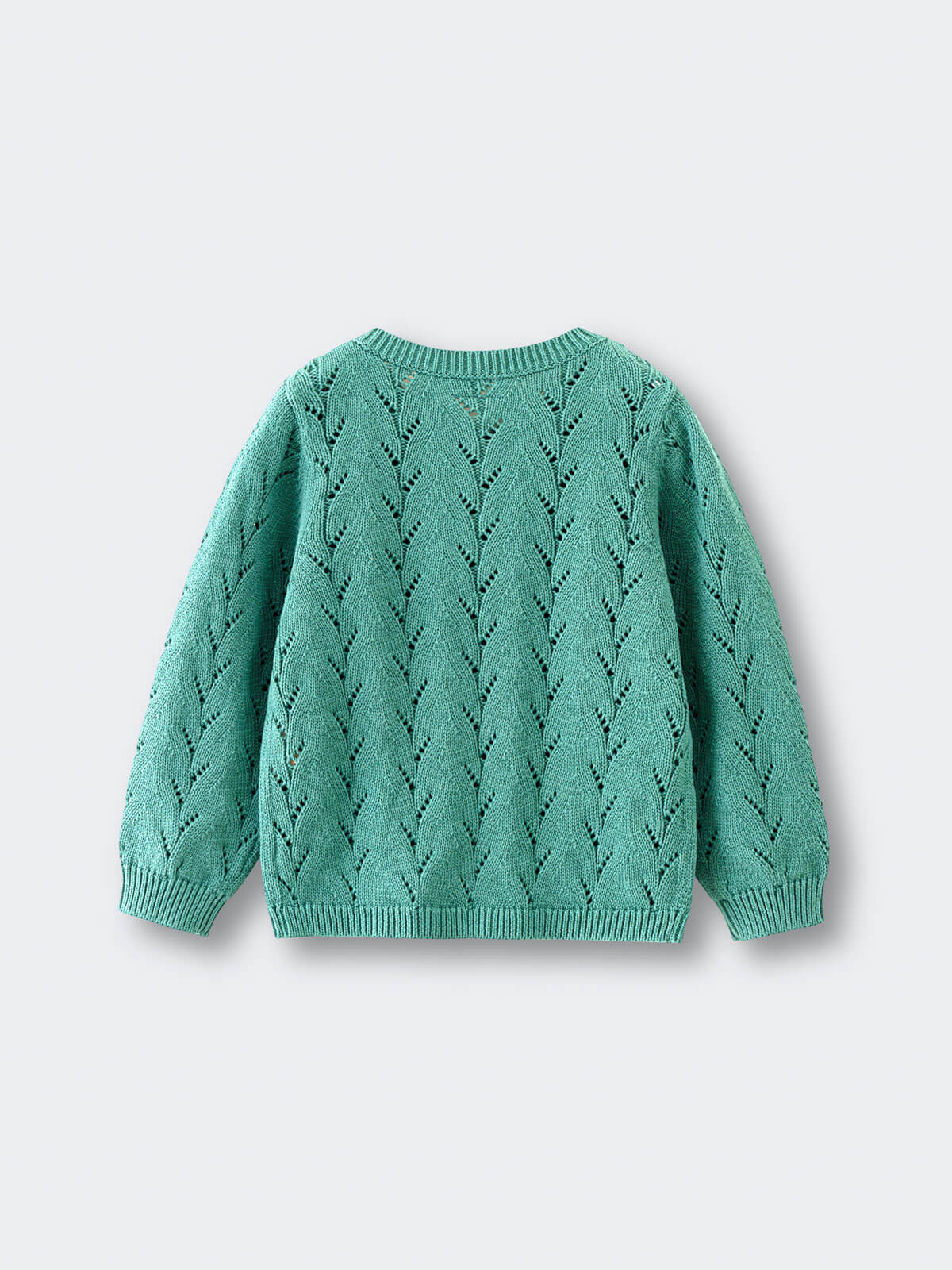Green sweater with cable knit pattern on a light gray background Pointelle Cardigan - Balsam Girls