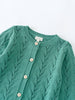 Green knitted cardigan with button details on a light gray background Pointelle Cardigan - Balsam Girls