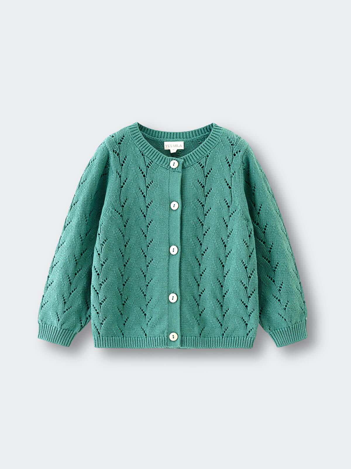 Green knitted cardigan on a light gray background Pointelle Cardigan - Balsam Girls