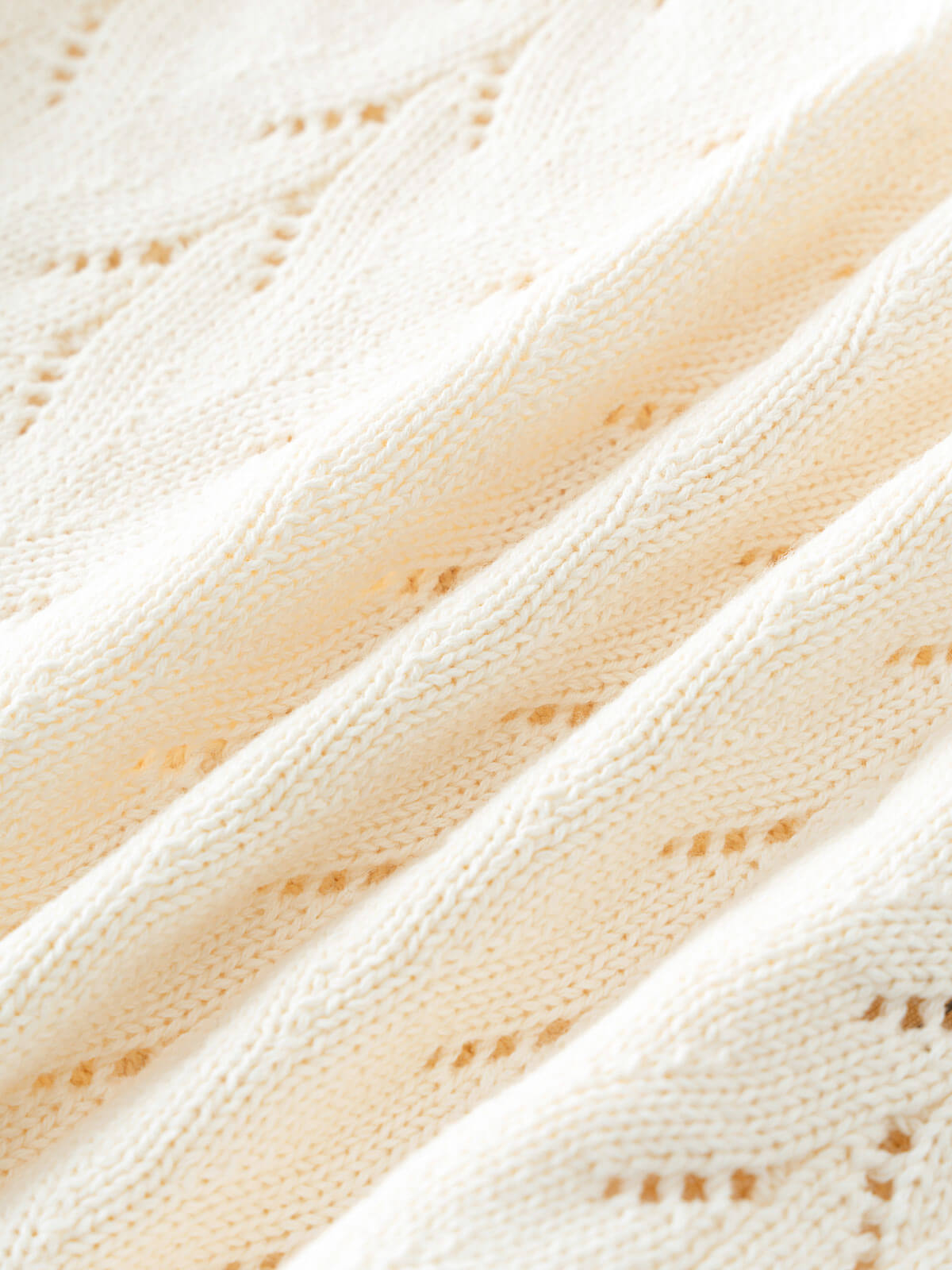 Close-up of a textured cream-colored cable knit cardigan fabric surface Pointelle Cardigan - Ecru Girls