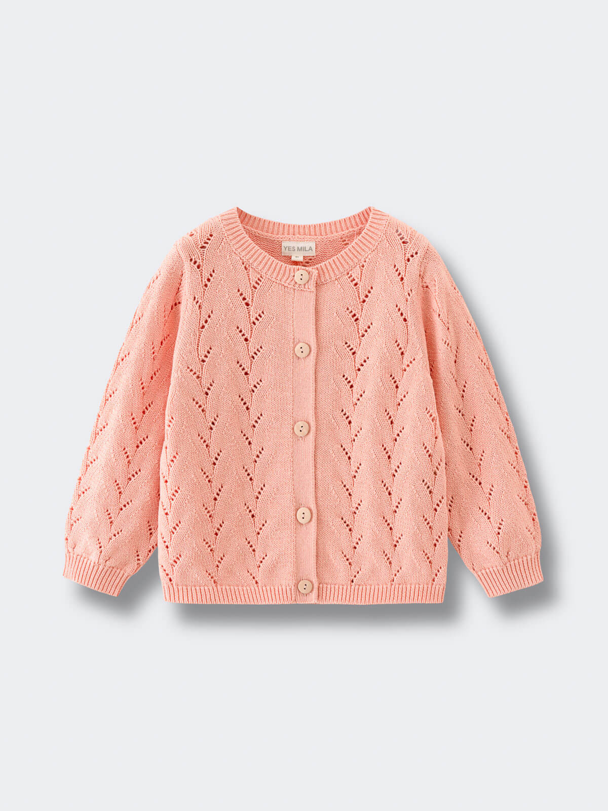 Pink cardigan with cable knit pattern on a light gray background Pointelle Cardigan - Mallow Girls