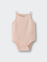 Light pink ribbed knit baby bodysuit with thin straps and snap closures Pointelle Singlet Bodysuit - Shell Pink Baby girl