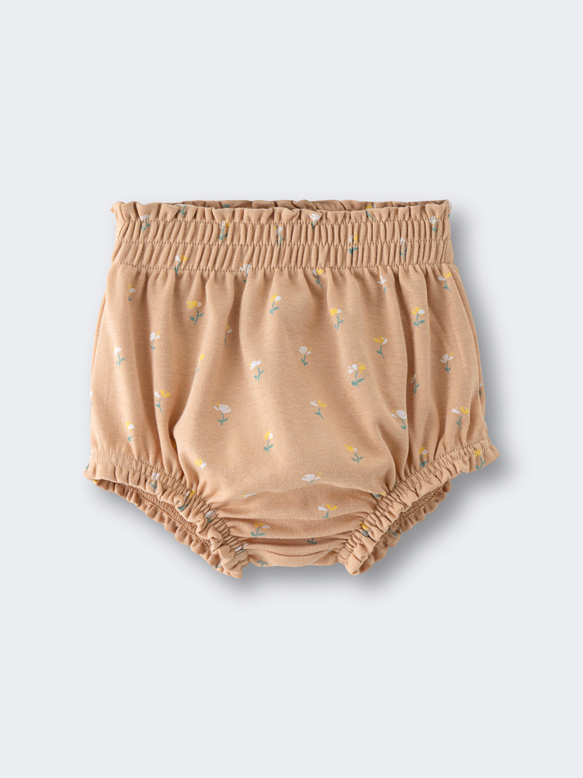 Peach-colored baby bloomers with small floral print and gathered elastic edges Printed Bloomers - Floral Bloom Baby girl