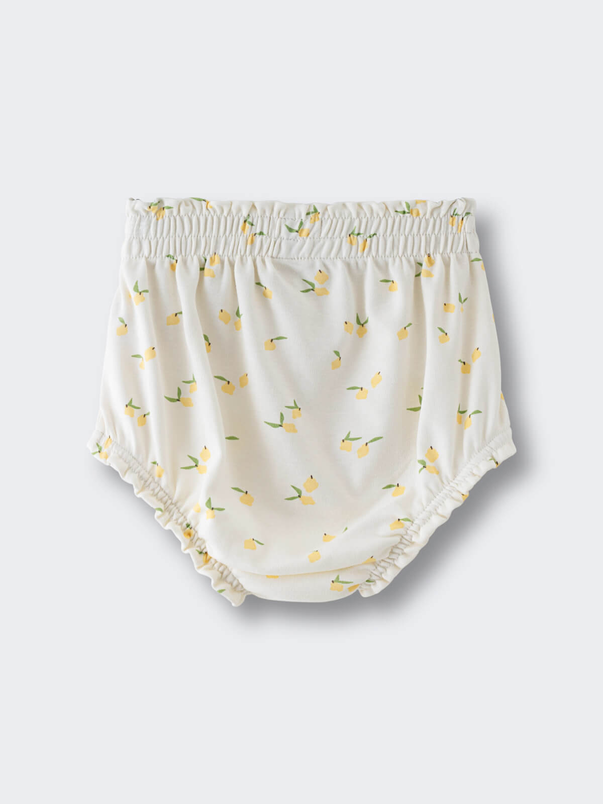White baby bloomers with yellow lemon print and ruffled leg openings Printed Bloomers - Lemons Baby girl