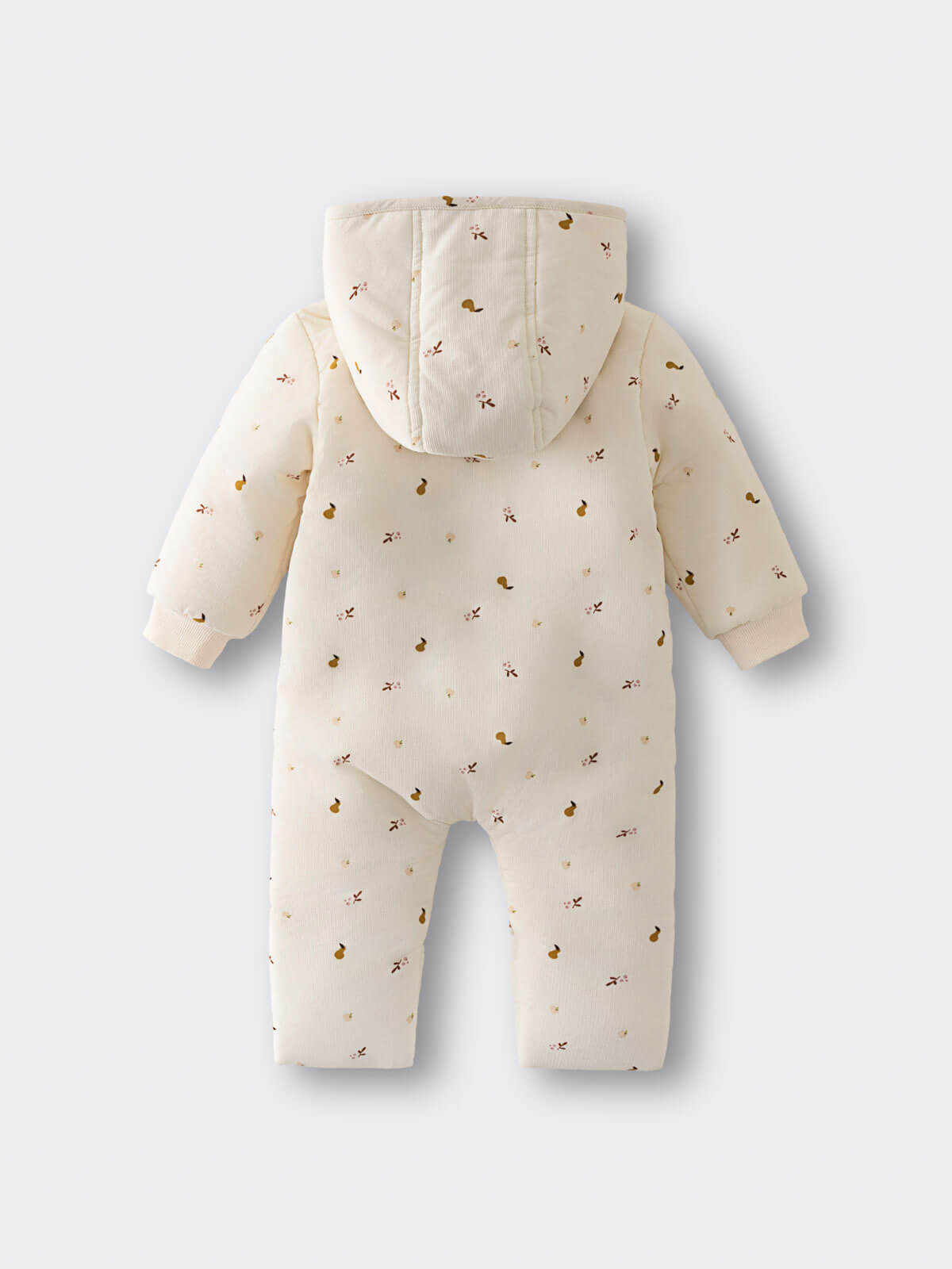 Cream hooded baby pram suit with fruit pattern on a light gray  Printed Pram Suit - Autumn Harvest Ecru Baby girl