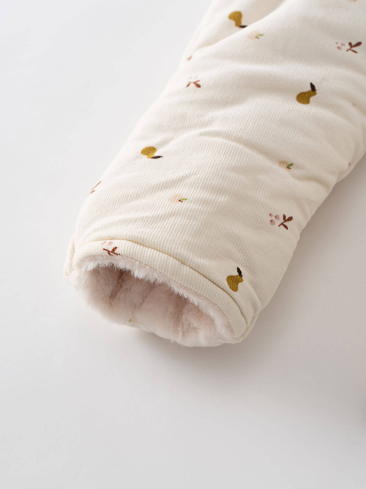 Cream hooded baby pram suit with fruit pattern on a light gray  Printed Pram Suit - Autumn Harvest Ecru Baby girl