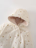 Cream hooded baby pram suit with fruit pattern on a light gray  Printed Pram Suit - Autumn Harvest Ecru Baby girl